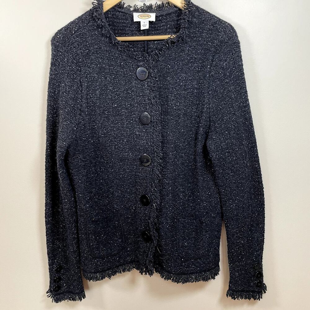 TALBOTS Womens LG Charcoal‎ Wool/Alpaca Blend Button Front Fringe Cardigan Dark